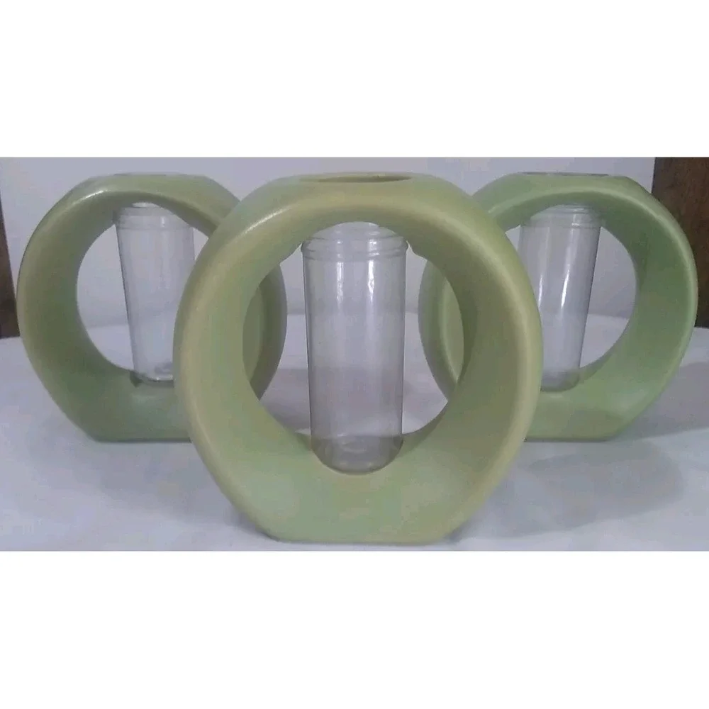 Circular Bud Vases (3) Ceramic Green Plastic Insert Art Deco MCM‎ 5 Inch